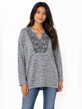 Vintage Y2K Express Gray Embroidered Tunic Sweater Boho Long Sleeve Top Large